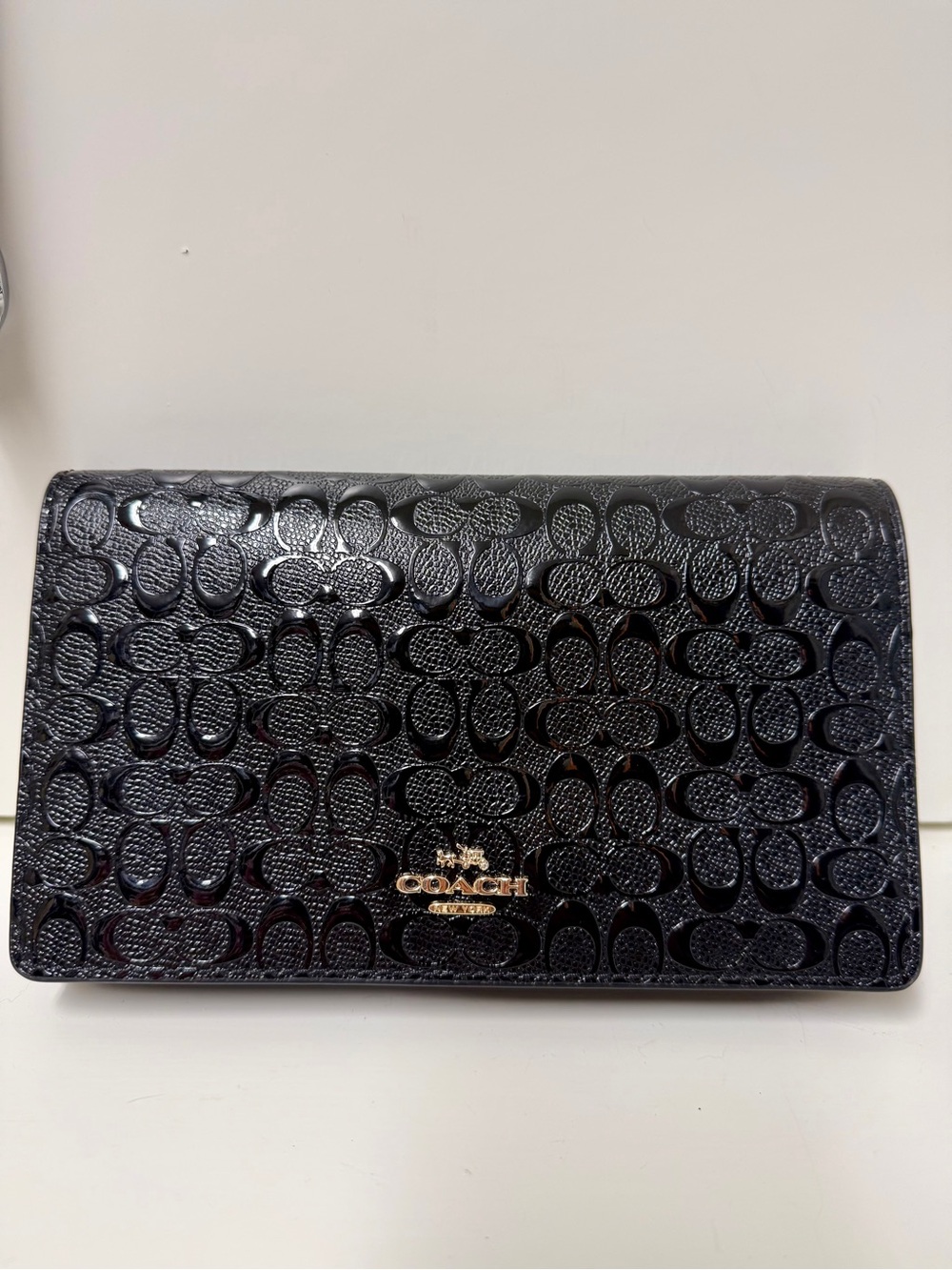 Coach Black Signature Embossed Patent Leather Crossbody Wallet Clutch